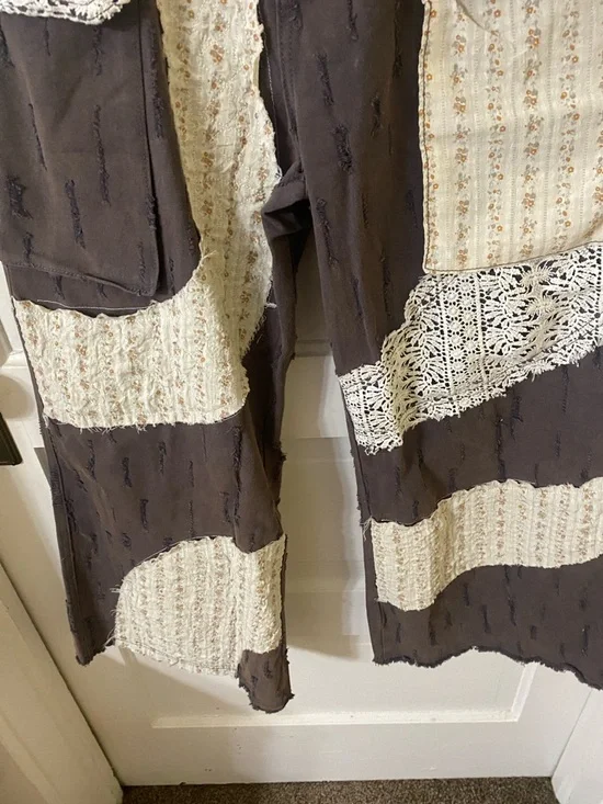 POL Patchwork Lace Cargo Pants Boho Cottagecore Brown Size S 100% Cotton - Picture 4 of 7